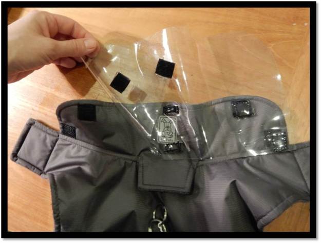 Rain visor for dog coat using clear plastic and velcro